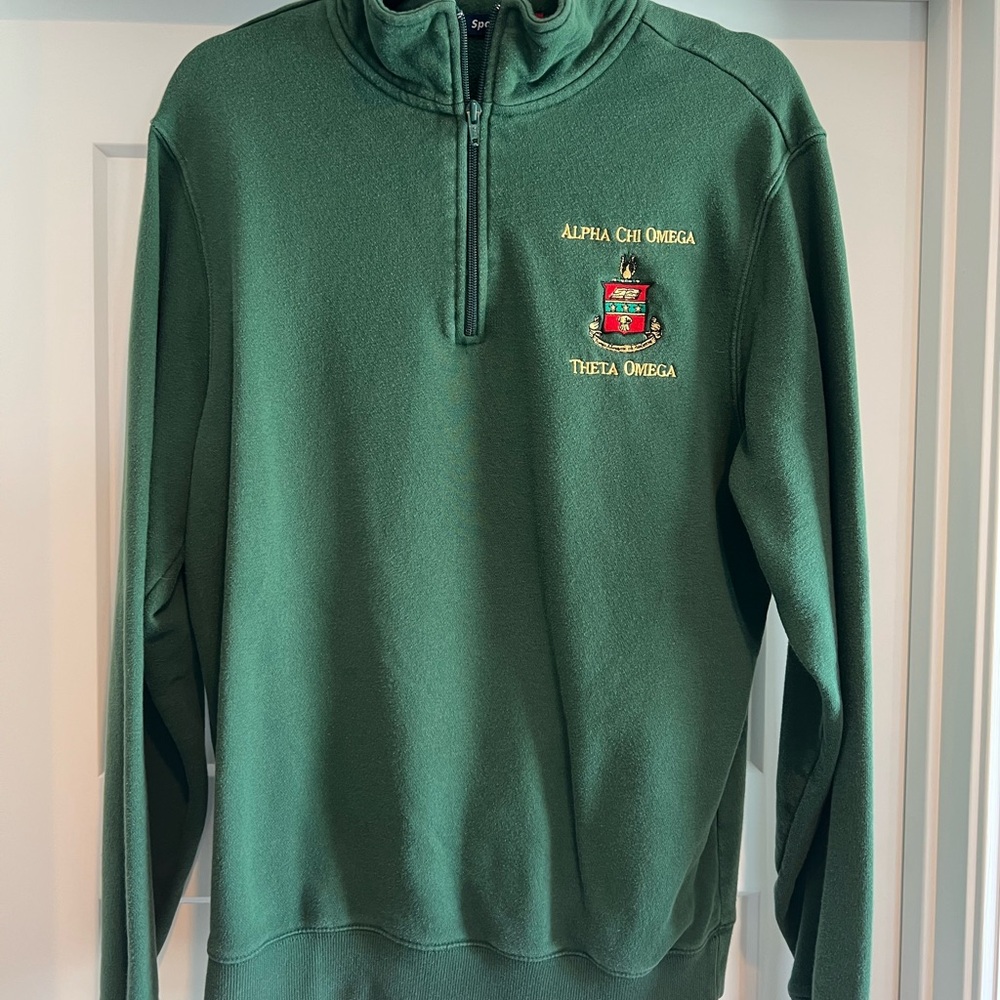 Alpha Chi Omega green quarter zip sweatshirt with embroidered crest